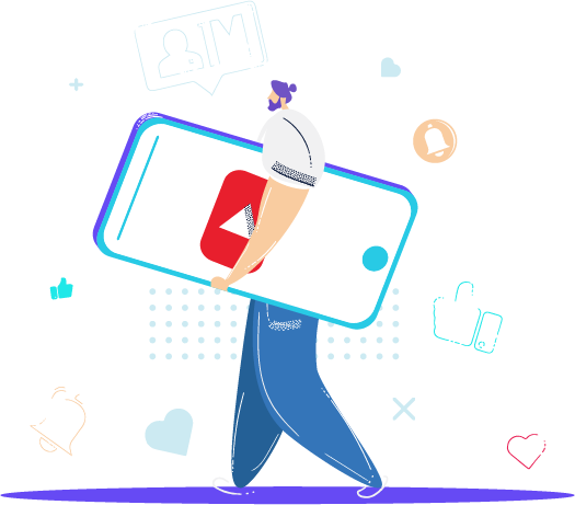 a man is carrying a big phone with YouTube icon on it while getting likes and views