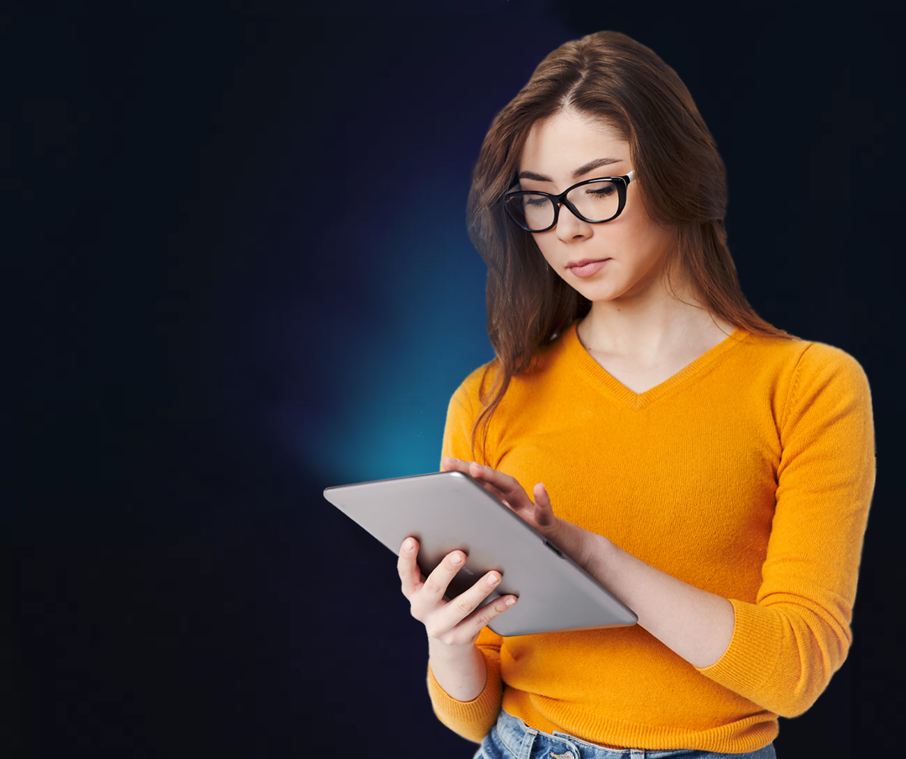 a woman is looking at her tablet and checking for infographics