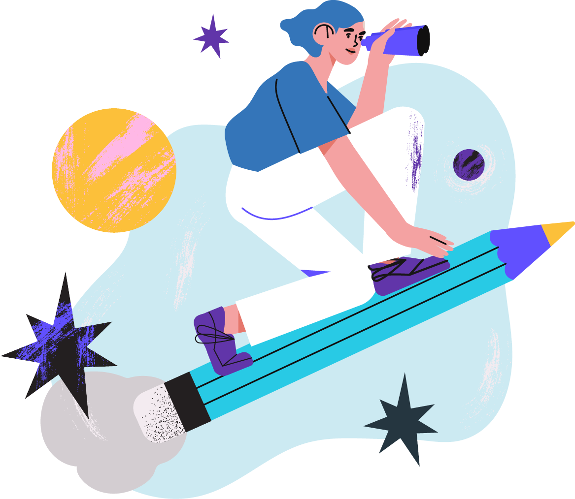 a girl is flying with a pencil to design the world