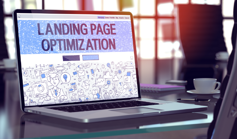 there is a laptop with landing page optimization text on the screen