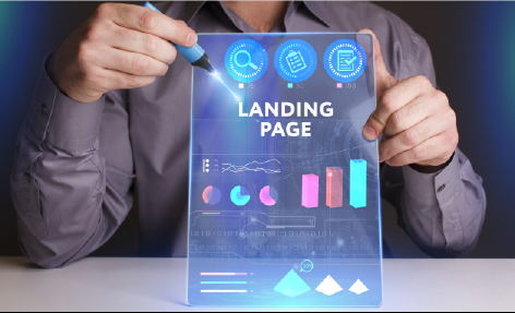 there is a ,man showing transparent page writing landing page on it